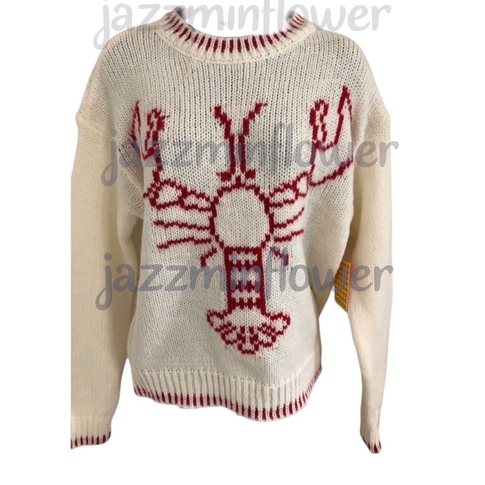 Cream off white red whipstitch style lobster print knit sweater size XL new